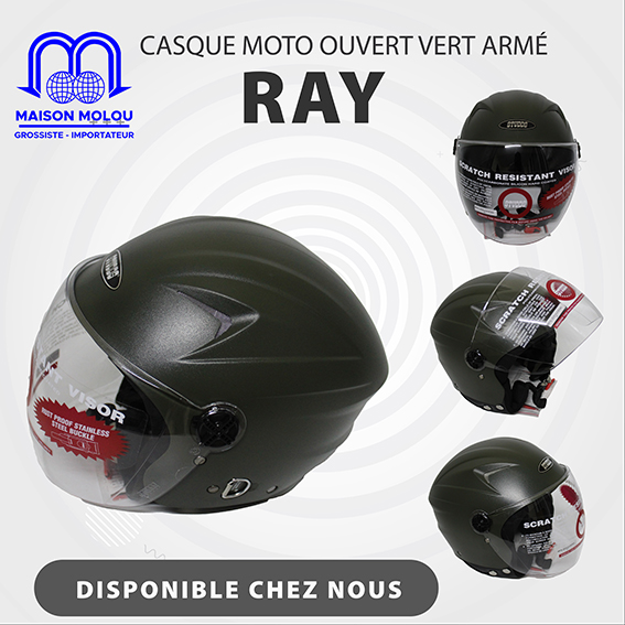 Casque moto ouvert vert armé (ray)